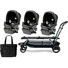 three baby strollers, one is black and the other is grey