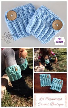 crocheted finger warmers with buttons are shown in three different pictures and the text,