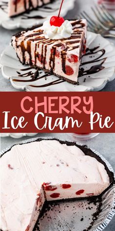 there is a slice of cherry ice cream pie on the plate and in the background