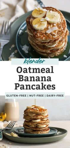 a stack of pancakes with bananas on top and the title reads, baked oatmeal banana pancakes