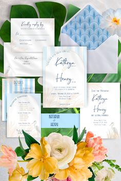 This editable wedding invitation suite captures the romance and ease of coastal luxury in every detail, with colors of soft blue and warm beige, and perfectly sets the tone for your day. Each piece has been thoughtfully designed to provide a cohesive, enchanting, and breezy look from the stunning retro styled blue Envelope Liner offering a delightful surprise upon opening, to the Belly Band wrapping everything together in an elegant bundle. 
This beautiful wedding stationery is editable in Canva and can be easily customized with your event details and sent out to your guests. Artwork can be added/resized/deleted; text color, font, & text size can be changed; background color can be changed.