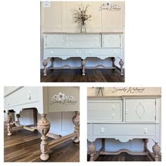 three different views of a white dresser with flowers on top and bottom, along with pictures of the same drawer