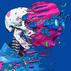 a painting of a skull with glasses on it's head and pink paint splatters all over its face