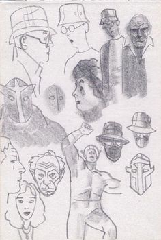 a drawing of people with hats and masks on their heads, one man is holding his arm