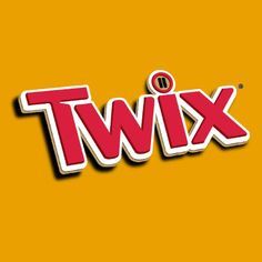 the logo for twix is shown in red and white on an orange background