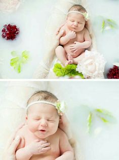 two photos of a baby laying on top of a blanket next to flowers and leaves