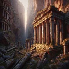 the ruins of an ancient city are surrounded by mountains and rocks, with columns on either side