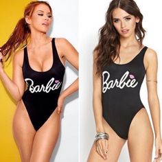 two women in swimsuits one with barbie written on it and the other without