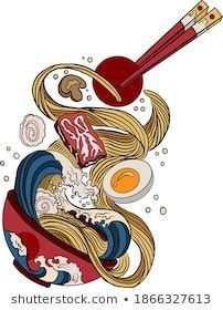 an illustration of noodles, eggs and chopsticks