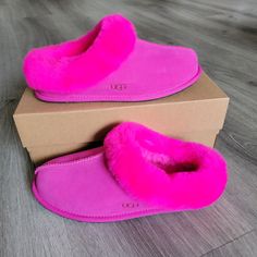 Brand New Ugg Moraene Suede Slippers Size: Various Colir: Rock Rose Suede Upper Sheepskin Collar Uggplush Lining And Insole Molded Rubber Outsole They Have The Hologram Tag As Shown In The Pictures To Prove Authenticity (#5162,63,66-31) No Trades Pink Leather Casual Slippers, Casual Pink Leather Slippers, Black Ugg Slippers, Ugg Dakota Slippers, Purple Slippers, Ugg Shoes Women, Cute Uggs, Ugg Slippers Women