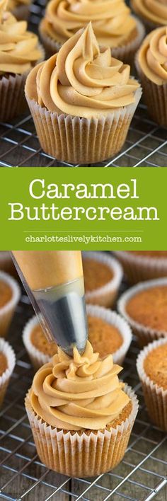 cupcakes with caramel buttercream frosting being piped into them