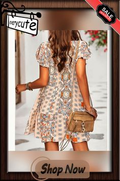 Apricot Bohemia Print Short Sleeve Casual Dress with Pocket Apricot Short Sleeve Dress For Vacation, Bohemian Apricot Dress With Floral Print, Women Dresses Casual, Women Dresses, Dresses Casual, Casual Dresses For Women, Printed Shorts, Apricot, Casual Dress