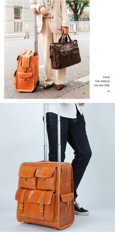 Woosir Vintage Leather Trolley Suitcase On Wheels 22" - Woosir Luxury Suitcase, Airport Luggage, Suitcase Vintage, Rolling Duffle Bag, Hard Suitcase, Vintage Leather Backpack, Leather Messenger Bag Men, Leather Suitcase