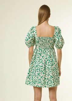 Floral Print Puff Sleeve Mini Dress Color: Emerald 51% Ecovero, 49% Viscose Hand Wash Cold + Line Dry Fits True to Size