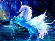 an image of a blue unicorn with white wings on it's back, running in the water