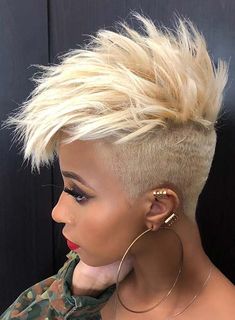 50 Short Hairstyles for Black Women | StayGlam Blonde Mohawk Black Women, Short Spiky Haircuts For Women Over 50, Blonde Hair Styles Black Women, Short Mohawk Hairstyles For Women, Mohawk Hairstyles For Black Women, Shaved Hairstyles, Short Spiky Haircuts, Shaved Side, Short Spiky Hairstyles