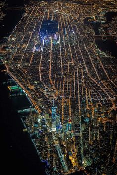 an aerial view of new york city at night