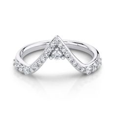 a white gold ring with diamonds on the band and an open v - shaped design