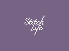 the words stitch life are written in white on a purple background with a black and white outline