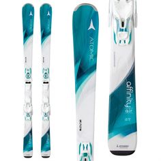 the skis are all different colors and sizes, but one is white with blue accents