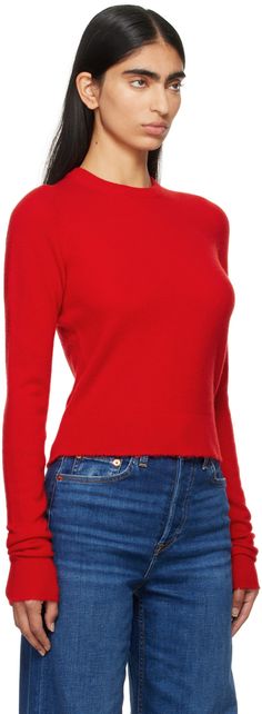 Brushed knit cashmere sweater. · Rib-knit crewneck, hem, and cuffs · Frayed edge at cropped hem and cuffs · Central pinched seam at back Supplier color: Fire White Crewneck, Womens Cashmere, Red Sweater, Knit Crewneck, Brown Sweater, Red Fire, Lightweight Knit, Cashmere Sweater, Crewneck Sweater