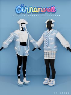 two mannequins dressed in costumes standing next to each other on a blue background