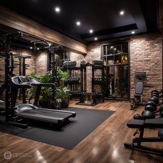 an exercise room with treadmills and plants