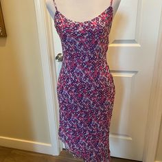 Beautiful Nwot Vintage Slip Dress With Adjustable Straps And Asymmetrical Hemline. Fully Lined. Such A Pretty Color Combo With Pinks, Blues And Purples. When You Look Closely At The Print It Has Some Subtle Hidden Hearts In It Purple Silk Summer Dress, Hidden Hearts, Vintage Slip Dress, Vintage Betsey Johnson, Vintage Slip, Blue Pink Purple, Vintage Slips, Betsey Johnson Dresses, Color Combo