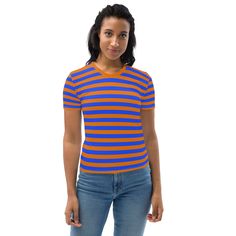 Introducing our Blue Orange Striped T-Shirt for Women, a must-have addition to your wardrobe! This stylish t-shirt is not only visually appealing with its vibrant blue and orange stripes, but it also offers exceptional comfort and durability. See more striped clothingCrafted from a high-quality cotton touch polyester jersey, this t-shirt feels incredibly smooth against your skin, ensuring a pleasant wearing experience all day long. The fabric is designed to retain its color even after multiple w Blue Sporty T-shirt With Contrast Stripes, Blue Short Sleeve T-shirt With Contrast Stripes, Summer Blue T-shirt With Contrast Stripes, Blue Crew Neck Top With Vertical Stripes, Blue Three Stripes Tops For Summer, Casual Blue Tops With Contrast Stripes, Blue Horizontal Stripe Crew Neck Tops, Blue Striped Short Sleeve T-shirt, Blue Crew Neck Tops With Horizontal Stripes