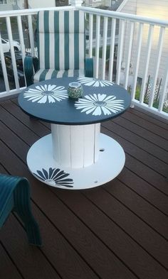 an outdoor table and chairs on a deck