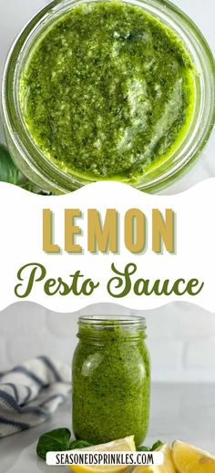 a jar filled with pesto sauce next to sliced lemons