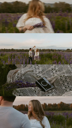 two people are standing in a field with lavenders