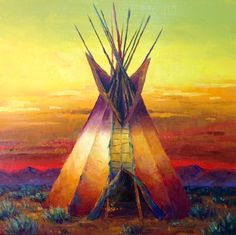 an oil painting of a teepee in the desert