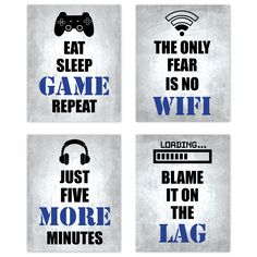 four coasters that say, eat sleep game repeat and just give more to the lag