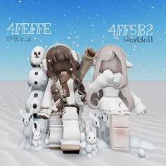 three different types of dolls sitting in the snow