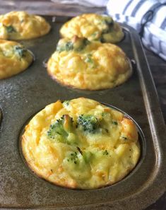 baked cheesy mashed potatoes in a muffin tin with broccoli