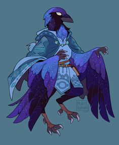 a drawing of a bird with blue feathers and a coat on it's head