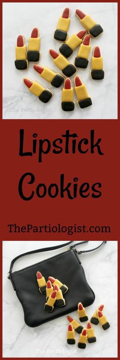 some cookies that are sitting on top of a bag and the words lipstick cookies above them