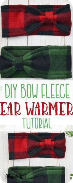 three plaid bow headbands with the words diy bow flee ear warmer