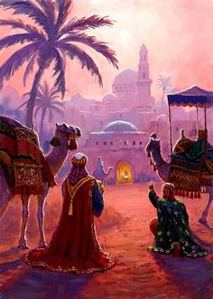 a painting of three people and two camels in the desert