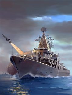 a painting of a battleship shooting a missile