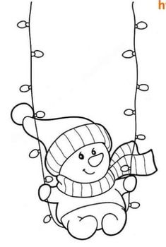 a drawing of a teddy bear on a swing with christmas lights hanging from it's sides