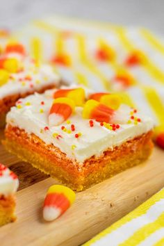 slices of candy cornbread cake on a cutting board