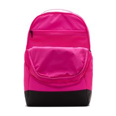 Grab your gear and get going with the Nike Brasilia Backpack. It has plenty of pockets to help you stay organized, including a sleeve to fit your laptop, side mesh pockets for water bottles, and a zippered pocket on the inside to keep small items secure. This product is made with at least 50% recycled polyester fibers. Haul loop at the top. Spacious main compartment. Padded, adjustable shoulder straps. Front zip pocket. Internal laptop sleeve. Dimensions: 18" H x 12" W x 7" D. Capacity: 24 L. Sh Pink Nylon Gym Bag For Outdoor, Pink Nylon Outdoor Backpack, Pink Backpack For Outdoor, Pink Standard Backpack For Outdoor, Nike Nylon Backpack For Outdoor Activities, Nike Functional Backpack For Outdoor Activities, Nike Nylon Standard Backpack, Pink Backpack For Outdoor Activities, Functional Pink Sports Backpack