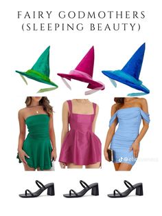 four different dresses and hats with the words fairy godmoters sleeping beauty on them