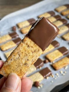 a hand holding up a cracker with chocolate on it and squares of cookies in the background