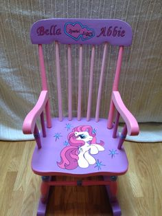 My little pony rocking chair. Personalized for two sisters! Teacher Rocking Chair Painted Rainbow, Unicorn Chair, Hand Painted Rocking Horse, Painted Childs Rocking Chair, Childs Chair Painted, Apple Watch Accessories Bands, Unicorn Rocking Horse, Unicorn Paint