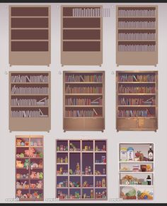 the shelves are filled with many different types of bookshelves and toys in them