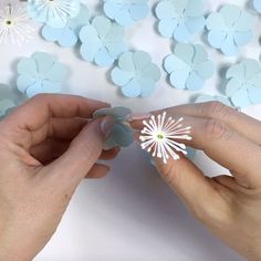 two hands are holding paper flowers in front of a white background with blue and pink petals