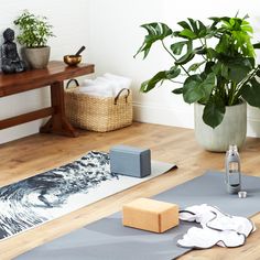 a yoga mat with various items on it and a potted plant in the background